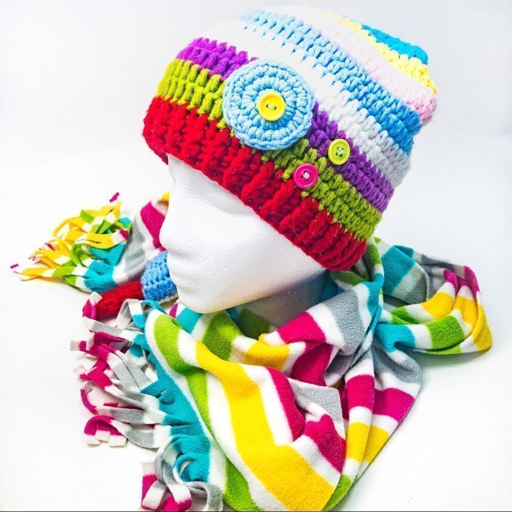 Rainbow Striped Set: Hand Knit Beanie & Old Navy Fleece Scarf - Picture 2 of 11